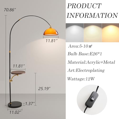 Arc Floor Lamp with Wood Tray,Over Couch Lamp,2-Tier Arcylic Shade | Adjustable Lighting Direction,Mid Century Modern Style,Stable Metal Base,Handy Storage,for Living Room Bedroom Office - color: Desk