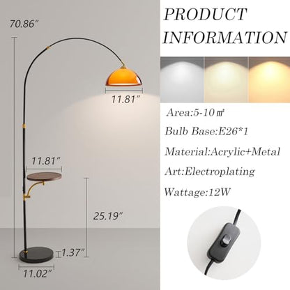 Arc Floor Lamp with Wood Tray,Over Couch Lamp,2-Tier Arcylic Shade | Adjustable Lighting Direction,Mid Century Modern Style,Stable Metal Base,Handy Storage,for Living Room Bedroom Office - color: Desk