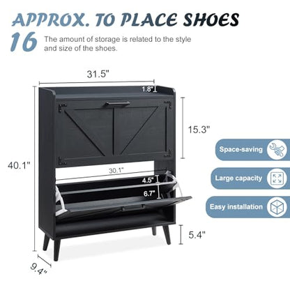 Barnyatoh Shoe Storage Cabinet with 2 Flip Drawers,Hidden Shoe Organizer | Farmhouse Freestanding Narrow Slim Shoes Rack Cabinet with Adjustable Shelves for Entryway Hallway,Black - color: Black