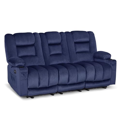 MCombo 82 in 3 Seater Reclining Sofa with Heat and Massage PR647 (Blue) | 155° Zero Gravity, Reclining Middle Seat, Dual Charging Ports, Cup Holders, FSC & OEKO Certified - color: Navy Blue, size: 3 Seater Recliner with Zero Gravity