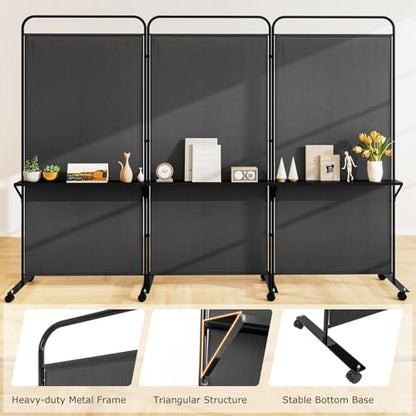Giantex 3 Panel Room Divider with Wheels and Shelves, 103" W x 74" H Folding Privacy Screen, Rolling Partition Separator for Home Office Studio, Fabric Wall Divider for Room Separation (Black) - color: Black