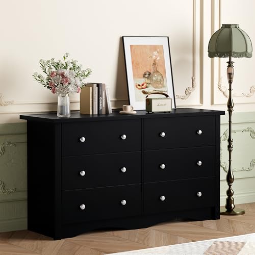 YESHOMY Black Dresser, 6 Drawers Dresser for Bedroom, Modern Chest of Drawers, Wooden Dressers, TV Stand for Living Room,Closet, Hallway