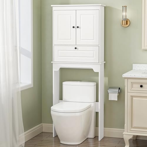 Over The Toilet Storage Cabinet, White | Over Toilet Bathroom Organizer, Freestanding Bathroom Cabinet Over Toilet with Double Doors and Adjustable Shelf