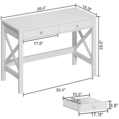 ChooChoo 40 Inches Farmhouse Computer Desk with 2 Drawers | Wooden Writing Desk, Study Desk for Home Office, Makeup Vanity, White - color: White, size: 40inch without Power Outlet
