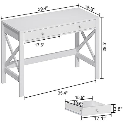 ChooChoo 40 Inches Farmhouse Computer Desk with 2 Drawers | Wooden Writing Desk, Study Desk for Home Office, Makeup Vanity, White - color: White, size: 40inch without Power Outlet