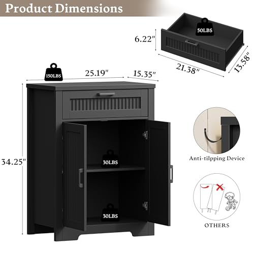 Fluted Buffet Sideboard Cabinet with Storage, Buffet Table with Drawer | Modern Buffet Table with Drawer & Doors, Wood Coffee Bar Console Table with Adjustable Shelf for Kitchen, Living Room, Black - color: Black, size: 2 Doors & Drawer