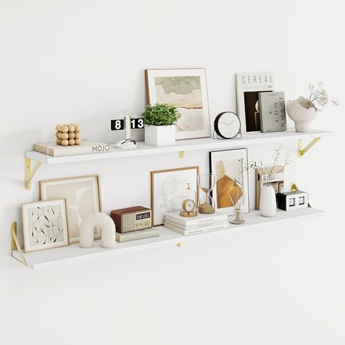 Dreamland Wall Mounted Floating Shelves Set of 2, 55x8, White&Gold | Engineered Wood, Visible Bracket, Large Storage, Hold Up to 80lbs, Living Room, Bathroom, Bedroom, Kitchen - color: White&gold, size: 55"W x 8"D