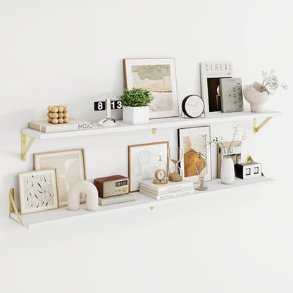 Dreamland Wall Mounted Floating Shelves Set of 2, 55x8, White&Gold | Engineered Wood, Visible Bracket, Large Storage, Hold Up to 80lbs, Living Room, Bathroom, Bedroom, Kitchen - color: White&gold, size: 55"W x 8"D