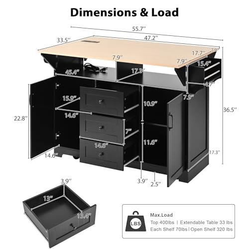 55.7" W Kitchen Island with 2 Drop Leaf, Moblie Kitchen Cart On Wheels with Storage Cabinet, 3 Drawers, Multifunctional Rolling Dining Table with Power Outlet, Spice & Towel Rack (Black-v) - color: Black-v)