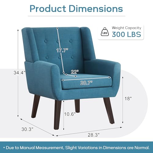 HUIMO Button-Tufted Accent Chairs,Upholstered Reading Living Room Chair,Mid Century Modern Chair with Linen Fabric, Club Chair,Comfy Arm Chairs for Living Room,Bedroom Lake Blue | Mid Century Modern Tufted Armchair with Fabric,Comfy Arm Chairs for Club Li