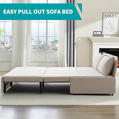 BALUS 64" W Queen Size Pull Out Sleeper Sofa Bed Couch with Pullout Bed | 2 in 1 Convertible Linen Loveseat Sofa Sleepers with Pillows and Tri-fold Mattress for Small Space Loft Home Office, Beige - color: Beige, size: Queen