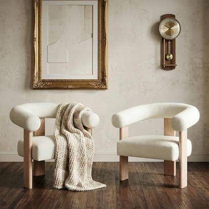 VKNOW Barrel Accent Chairs Set of 2 with Armrests and Rubberwood Legs | Mid Century Modern Upholstered Living Room Chairs with Open Back, Chenille Fabric, arm chair for Living Room, Bedroom, Cream - color: Cream, size: Set of 2