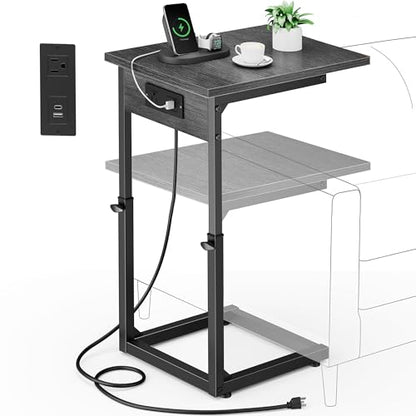 C Shaped End Table with Charging Station, 33" Tall Side Table for Couch, Adjustable Height C Table End Table, Couch Table Slide Under Sofa Table TV Tray Table for Living Room, Gray Walnut - color: Gray Walnut, style: Charging Station
