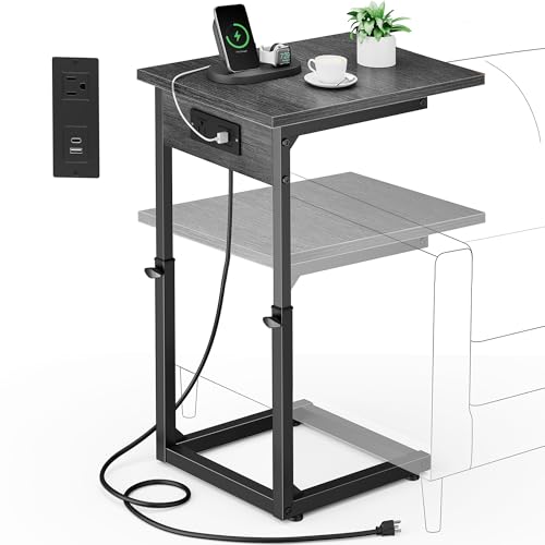 C Shaped End Table with Charging Station, 33" Tall Side Table for Couch, Adjustable Height C Table End Table, Couch Table Slide Under Sofa Table TV Tray Table for Living Room, Gray Walnut - color: Gray Walnut, style: Charging Station