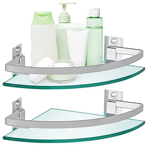 2 Pcs Tempered Glass Corner Shelf with Rail & Brackets, 9.5" x 9.5" Floating Shower Caddy, Wall Mounted Shampoo Holder Organizer for Bathroom, Kitchen, Living Room