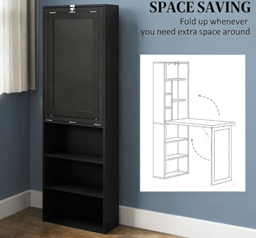 Foldable Wall Mounted Desk with Storage Shelves & Blackboard, Fold-Out Convertible Writing Table for Small Spaces | Space-Saving Floating Computer Desk for Home Office (Black) - color: Black