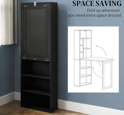 Foldable Wall Mounted Desk with Storage Shelves & Blackboard, Fold-Out Convertible Writing Table for Small Spaces | Space-Saving Floating Computer Desk for Home Office (Black) - color: Black