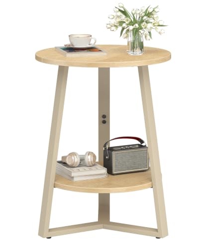 sthmec Small Round End Table, 2 Tier Side Table with Storage Shlef,Coffee Table Wooden Tabletop & Metal Frame,Round Accent Table Small Nightstands Couch Tables for Bedroom,Livingroom, Natural - color: Natural
