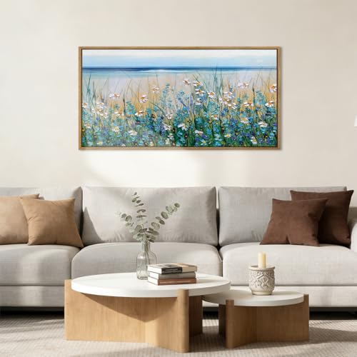 Large Blue Seaside Cyan Floral Wall Painting wildflower Blossom Art Framed Artwork for Living Room Bedroom 20x40 Inch - color: Blue Wildflower, size: 24"L x 16"W