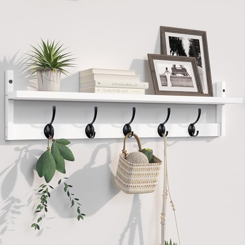 BAMEOS Wall-Mounted Wood Shelf with 5 Dual Hooks for Bathroom, Living Room, Bedroom (White-with Shelf) - style: White-28.9IN with shelf