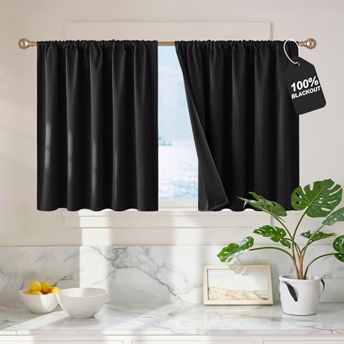 NICETOWN 100% Black Out Kitchen Curtains 36 inch Length, Rod Pocket Short Window Treatment Room Darkening Drapes, W52 x L36, 2 Panels - color: Black, size: 52"W x 36"L (Pack of 2)