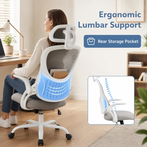 Grey Ergonomic Office Chair, High Back Mesh Desk Chair with Adjustable Headrest Lumbar Support, Computer Chairs with Flip-up Armrests and Thickened Cushion for Adults Home Office, 360° Swivel - color: Grey With Headrest