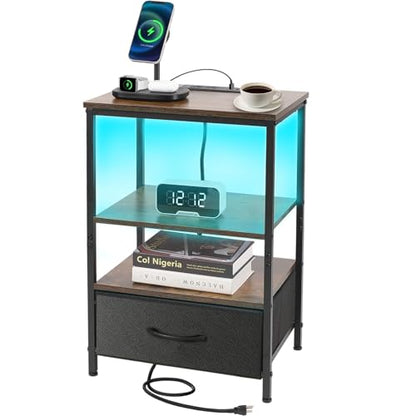 Night Stand with Charging Station, Bedside Table with Adjustable Fabric Drawers, End Table with LED Lights, Side Table with USB Ports Open Shelf for Bedroom, Black - color: Black