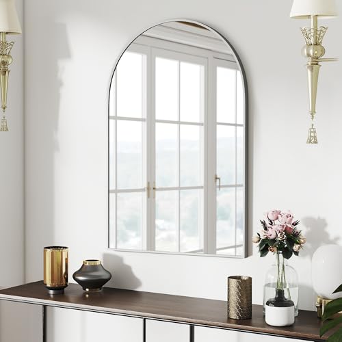 36x24 Bathroom Mirror Arch Wall Mounted/Against Aluminum Frame Silver | HD Crystal Clear No distortion Tempered Glass,Make-Up Vanity Mirrors for Bedroom,Entryway,Living Room - color: Silver, size: 36"L x 24"W