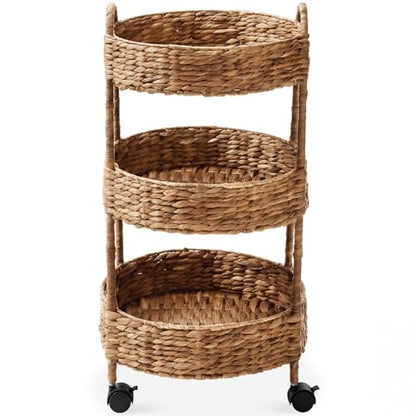 Best Choice Products 3-Tier Round Rolling Nursery Caddy w/Wheels, Handwoven Utility Cart, Storage Organization for Bathroom, Craft Room, Laundry Room - Chestnut - color: Chestnut