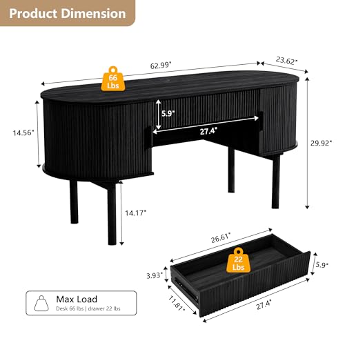Home Office Oval Desk with Sliding Tambour Door and Drawer, Modern Fluted Wood Executive Computer Storage Desk for Study, Living Room, Bedroom, Office - Black - color: Black