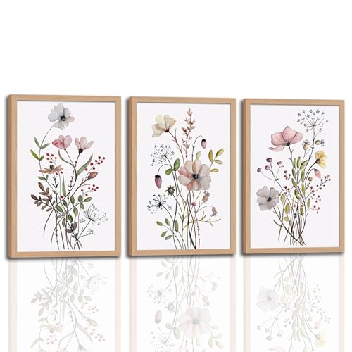 3Pcs Framed Botanical Wall Art Set of Watercolor Floral Canvas Prints Wildflower Painting Posters with Wooden Frames Modern Minimalist Pictures for Living Room Bedroom Home Decor 12x16in - color: Wildflower, size: 12x16 Inches