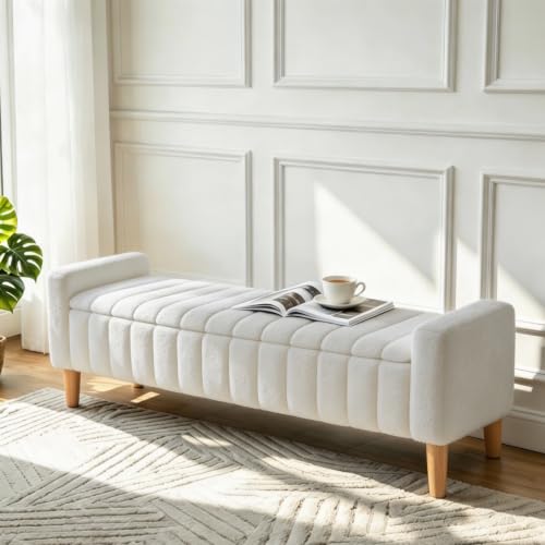 Aoiy & Wifon 63.4" W Large Storage Ottoman Bench, King Size End of Bed Storage Bench with Wood Legs, Upholstered Window Bench for Bedroom, Living Room, Entryway, Teddy Ivory - color: Teddy Lvory