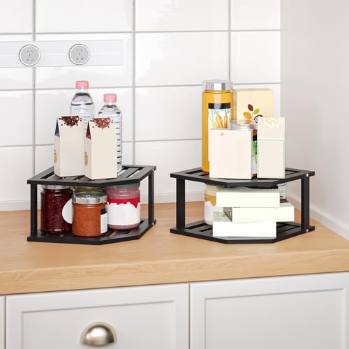 VERTORGAN 2 Tier Bamboo Dish Drying Rack,Corner Shelf 2 Pack(Black) | Pantry Storage,Dish Rack,Spice Rack,Corner Organizer,Kitchen Counter Shelves,Kitchen Storage,Holds Plates - color: Black, size: 2 Pc