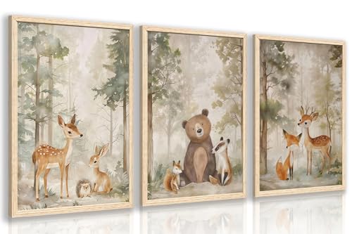 Cyebmo Woodland Animals Wall Art Set of 3, Baby Boy Wild Forest Animals Wall Decor, Deer Bear Fox Canvas Painting, Neutral Aesthetic Pictures for Kids Room Benroom Nursery Wood Framed 16"x24"x3 - color: Beige(Wood), size: 24"L x 16"W