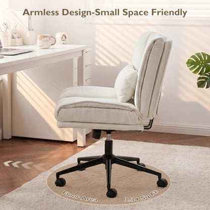 Armless Criss Cross Office Chair with Wheels,Chenille White | 5.5" Double Layers Thickened Seat Cushion and Backrest,Lumbar Pillow,Swivel Chair,Wide Comfortable Cross Legged,320LBS - color: White