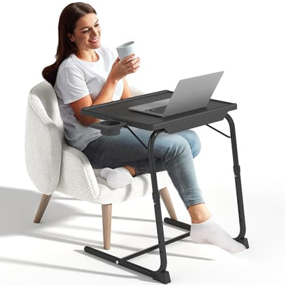 TV Tray Table, Adjustable TV Dinner Table for Eating on Couch with Cup Holder, Folding Couch Desk with 6 Height & 3 Tilt Angle Adjustments, Comfortable Laptop Stand for Bed & Sofa, Black - color: 1 Pack