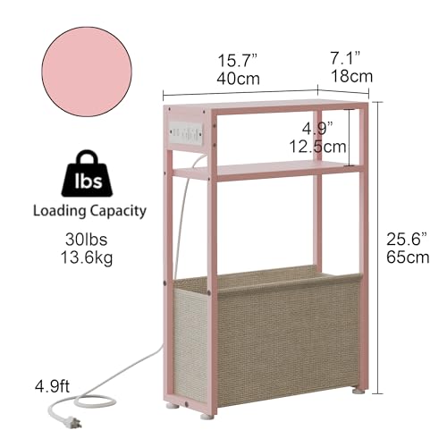 Leomonio Pink Side Table with Charging Station, Slim End Tables with Linen Basket, Skinny Table for Small Spaces, Thin Bedside Table for Living Room, Bedroom - color: Jelly Pink + Cream White - Outlet