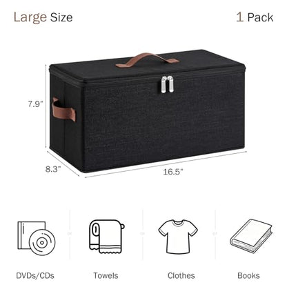 Storage Bins DVD Boxes CD Case Holder Basket with Zippered Lids | Cotton Linen Fabric Container, Decorative Foldable Stackable Washable Shelf Closet Organizer, PU Leather Handles, Black-Large - size: Large ( Pack of 1 )