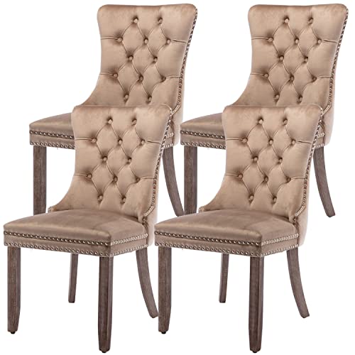 Virabit Velvet Dining Chairs Set of 4, Tufted Upholstered Dining Chairs with Nailhead Back and Ring Pull Trim, Solid Wood Dining Chairs for Kitchen/Bedroom/Dining Room (Khaki) - color: Khaki, size: set of 4