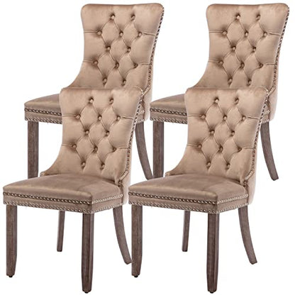 Virabit Velvet Dining Chairs Set of 4, Tufted Upholstered Dining Chairs with Nailhead Back and Ring Pull Trim, Solid Wood Dining Chairs for Kitchen/Bedroom/Dining Room (Khaki) - color: Khaki, size: set of 4