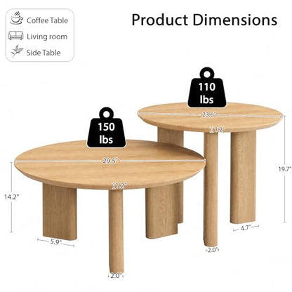 Nesting Coffee Table Set of 2, Wood Look, Round Side Tables | 1.2" Thick Top, Versatile Nesting Tables for Living Room, Apartment, or Office. Sturdy MDF, Space-saving Design - color: Natural Wood