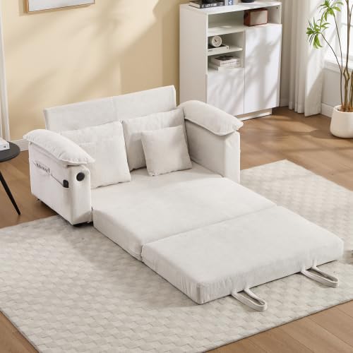 3-in-1 Convertible Pull Out Loveseat Sofabed, Upholstered Sleeper Sofa Bed | Foldable Loveseat Sleeper Couch, Space‑Saving Lounge Mattress Sofa with Pillows & Cushion for Living Room/Apartment, White - color: White