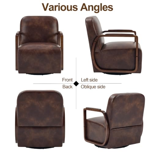Faux Leather 360° Swivel Barrel Accent Chairs Set of 2, Upholstered Mid Century Modern Reading Lounge Chair with Wooden Armrests & Solid Rotating Metal Base for Living Room Bedroom, Dark Brown - color: Dark Brown, size: 2 Pack