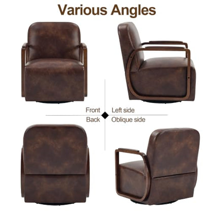 Faux Leather 360° Swivel Barrel Accent Chair, Upholstered Mid Century Modern Reading Lounge Chair with Wooden Armrests & Solid Rotating Metal Base for Living Room Bedroom, Dark Brown - color: Dark Brown, size: 1 Pack