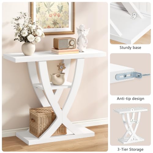 FAVOOSTY 39.4" Entryway Table, 3 Tier Hallway Table, Console Tables for Living Room, Narrow Entrance Table with Storage, Sofa Table Behind Counch, Accent Table for Entry Foyer, White - color: White