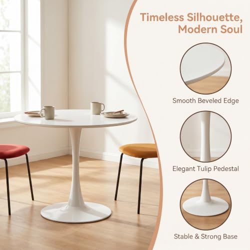 Small Round Dining Table 32" Tulip Table with Metal Pedestal, White | Tulip Table with Metal Pedestal & Thick MDF Top, Mid Century Small Bistro Table for Kitchen & Living Room - color: White-b, size: 31.5"D x 31.5"W x 29.1"H
