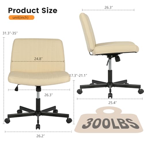 FDW Criss Cross Chair with Wheels Cross Legged Office Desk Modern Swivel Height Adjustable Wide Seat Computer Task Vanity Chair Comfy Fabric Armless Seating for Home Office - color: Beige, style: With Wheels