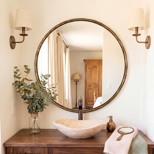 Hand-Forged Round Gold Mirrors, 32 Inch Antique Brass Hammered Round Bathroom Mirror for Over Sink, for Vanity, Living Room, Vintage, Farmhouse, Rustic, Solid Steel Metal Frame - color: Gold, size: 32"L x 32"W