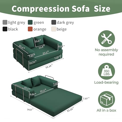 4 in 1 Convertible Sofas Boneless Couches with 2 Pillow, Modern Corduroy Futon Bed, Modular Queen Sofa with Pull-Out Bed, LoveSeat for Living Room, Small Space Apartment (Green, 53.15"Double Sofa) - color: Green, size: 53.15"Double Sofa