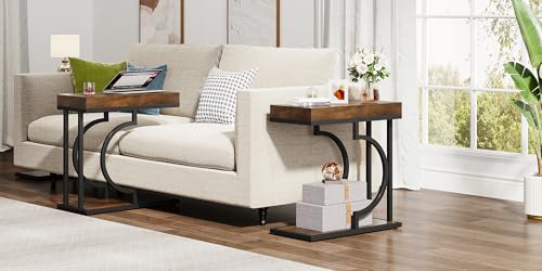 Tribesigns Narrow Side Table Set of 2, C Shaped End Table for Couch, Modern Bedside Tables with Metal Frame, Small Sofa Tables for Small Spaces, Living Room (2, Brown+Black) - color: Brown+black